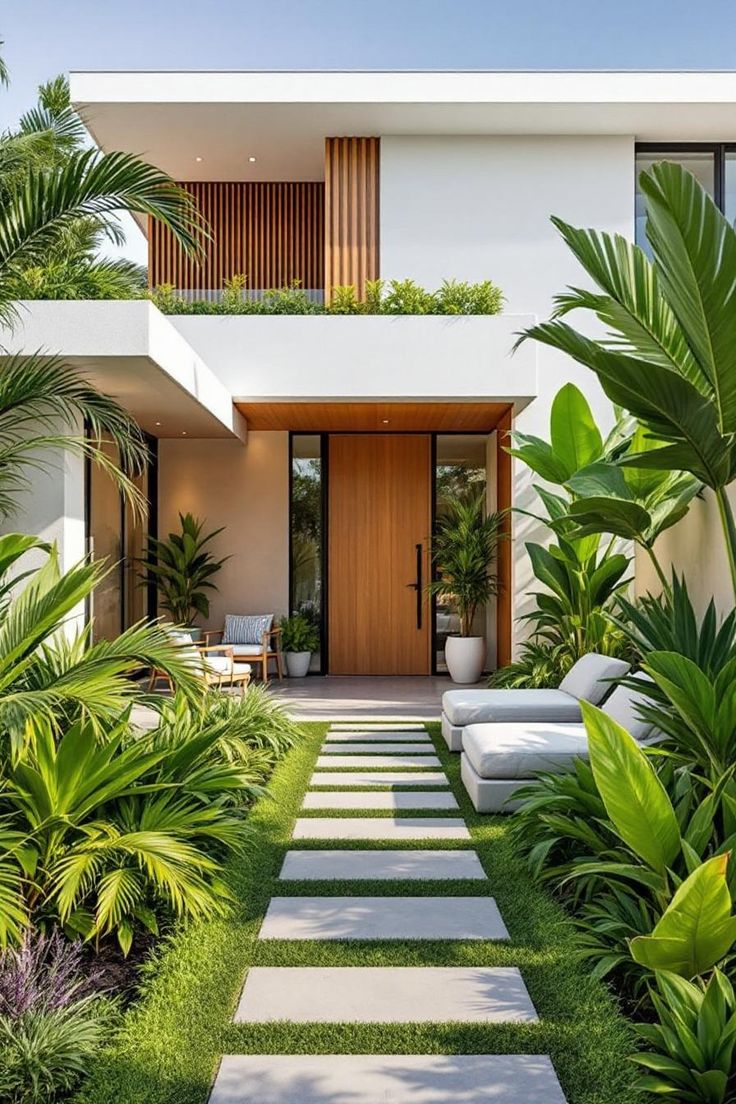 Beautiful modern house front garden designed with tropical plants, stone pathway, and outdoor seating by a professional Landscape Company in Amroha and Gajraula.