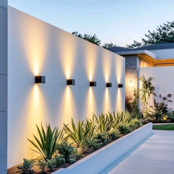 Modern garden wall lighting with elegant plants – landscape designer in Uttar Pradesh by Daniya Nursery