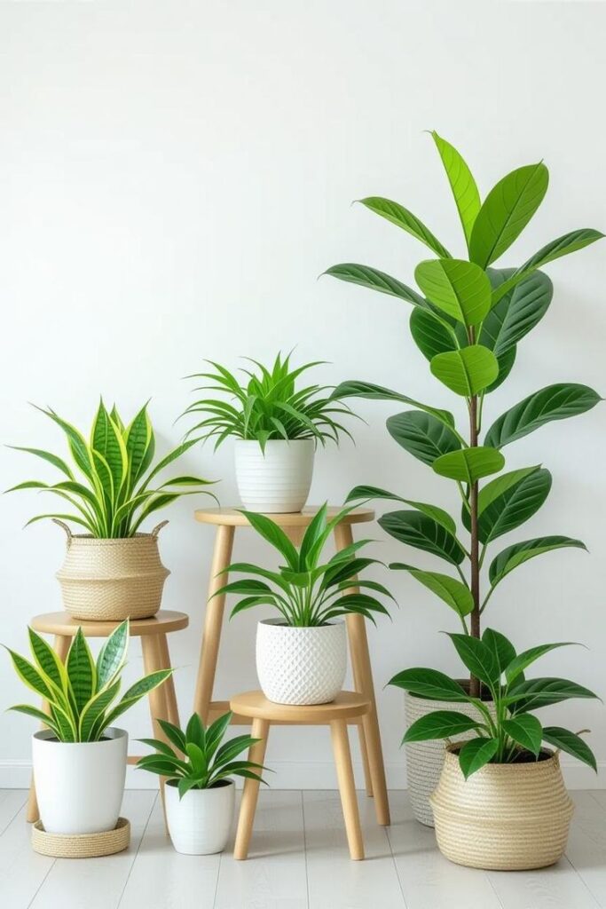 Modern indoor setup showcasing creative plants design in Uttar Pradesh with stylish potted green plants arranged on wooden stands.