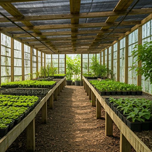 Well-maintained greenhouse at a nursery in Uttar Pradesh showcasing healthy green plants grown under expert care and natural sunlight.